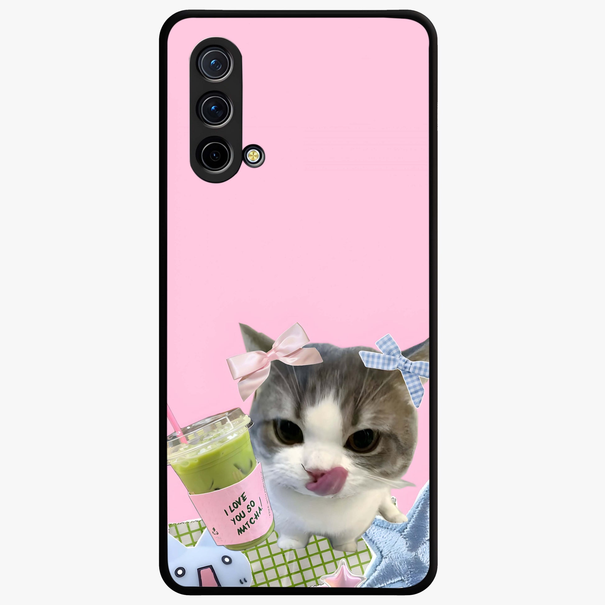 Love Matcha Cat Glass Case showing flat back view with cute cat and matcha themed artwork and glossy glass finish.