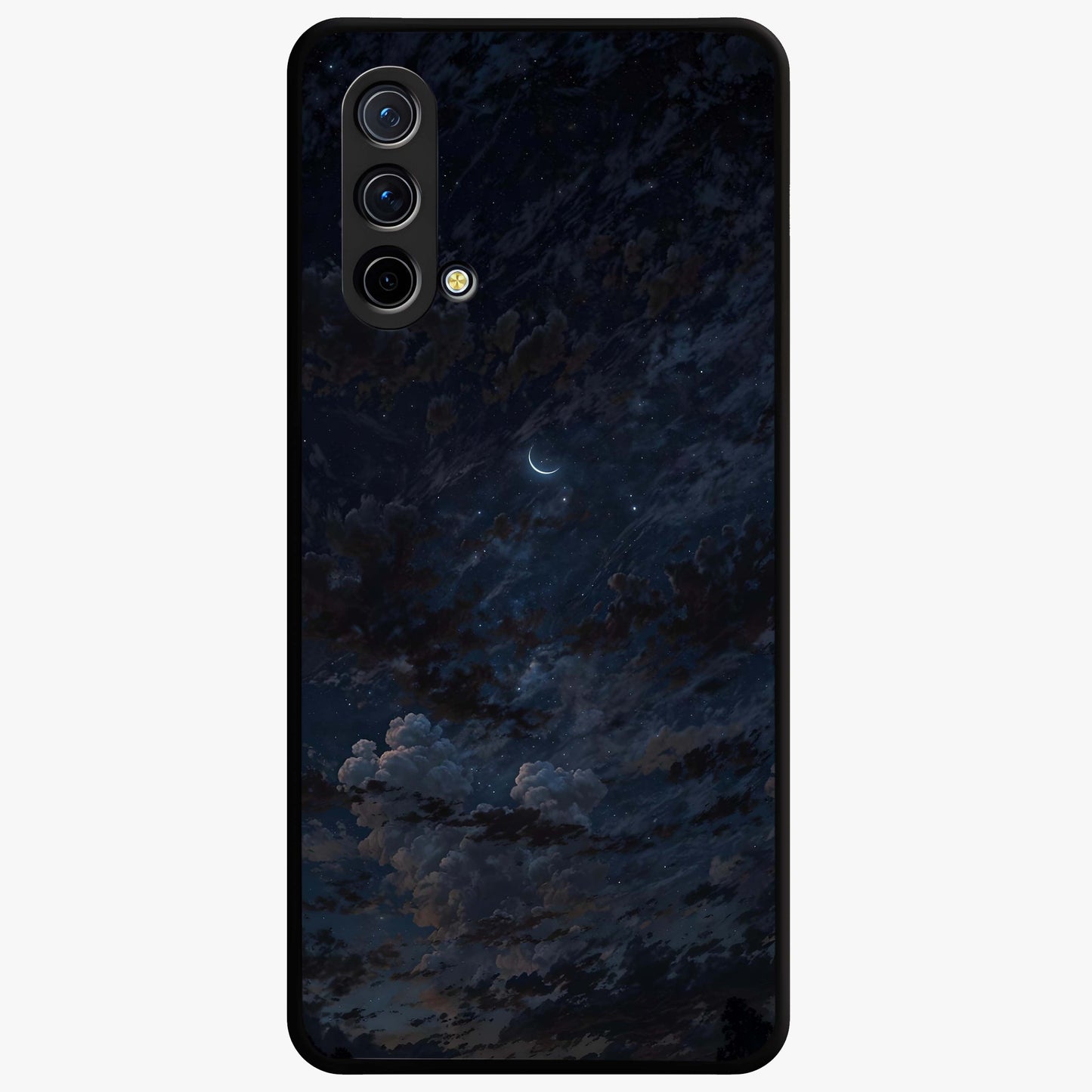 Lunar Veil Silence Glass Case showing flat back view with mystical moon veil artwork and glossy glass finish.