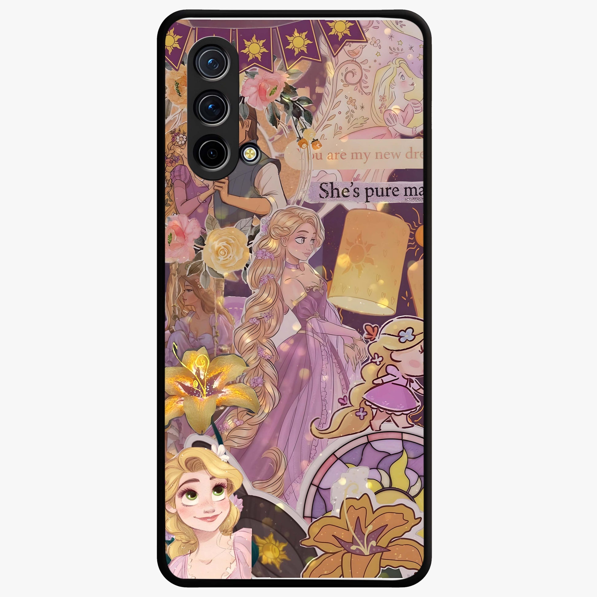 Magical Tangled Dream Glass Case showing flat back view with dreamy tangled artwork and glossy glass finish.