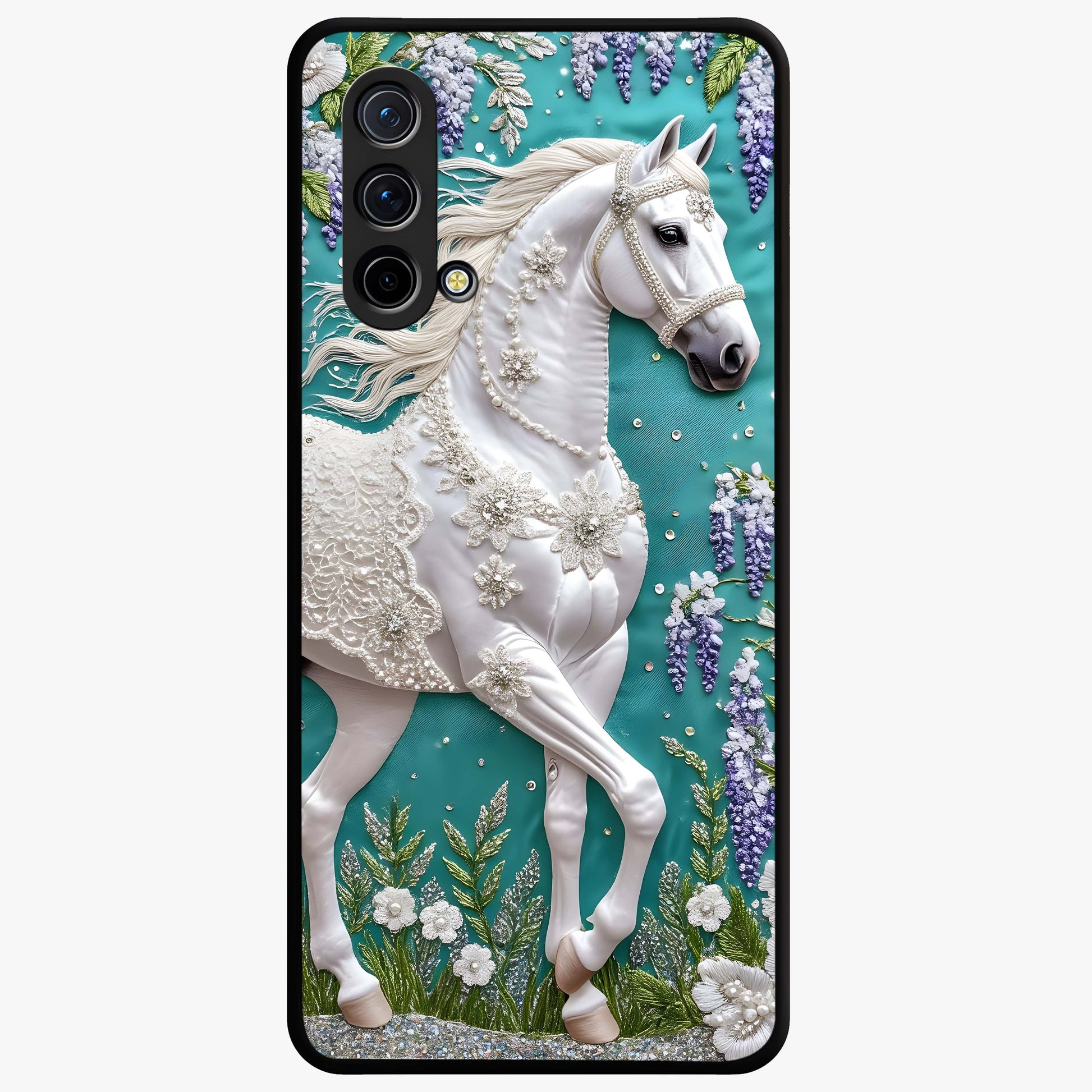 Majestic Floral Stallion Glass Case showing flat back view with powerful horse and floral artwork and glossy glass finish.