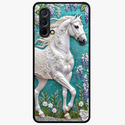 Majestic Floral Stallion Glass Case showing flat back view with powerful horse and floral artwork and glossy glass finish.