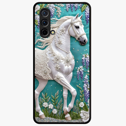 Majestic Floral Stallion Glass Case showing flat back view with powerful horse and floral artwork and glossy glass finish.