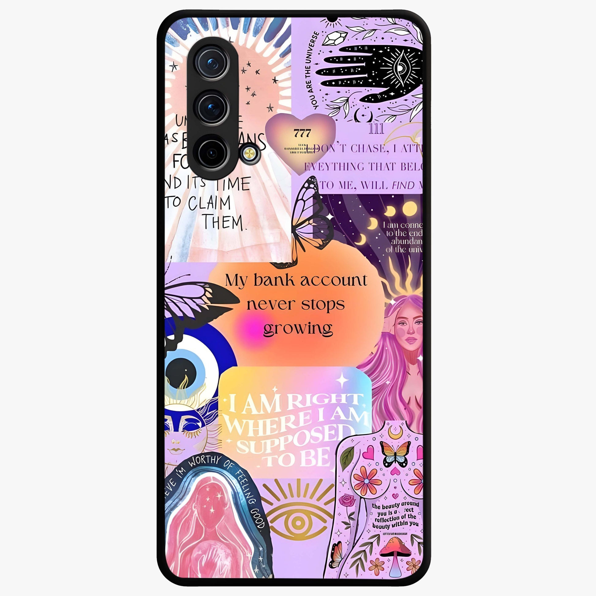 Manifestation Collage Glass Case showing flat back view with motivational collage artwork and glossy glass finish.