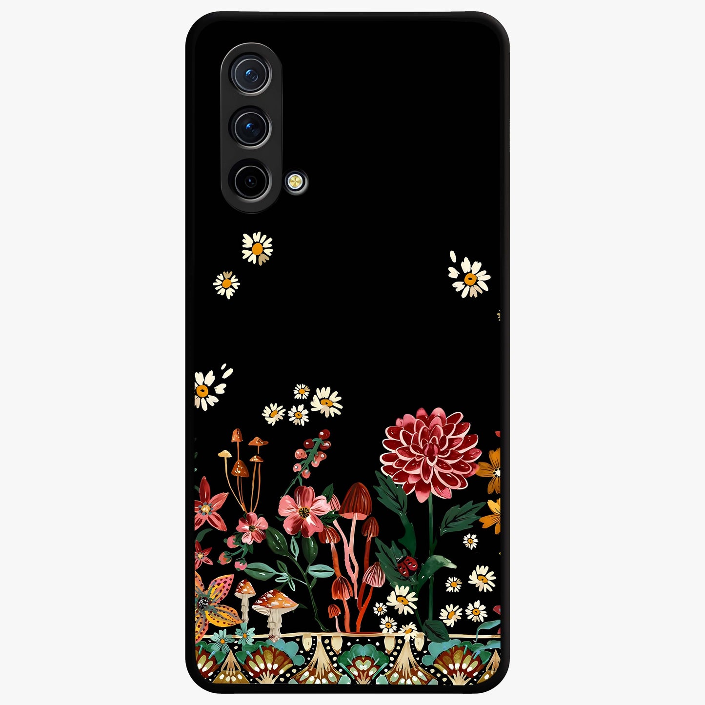 Midnight Bloom Pattern Glass Case showing flat back view with dark floral pattern artwork and glossy glass finish.