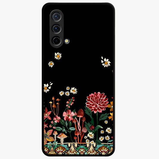 Midnight Bloom Pattern Glass Case showing flat back view with dark floral pattern artwork and glossy glass finish.