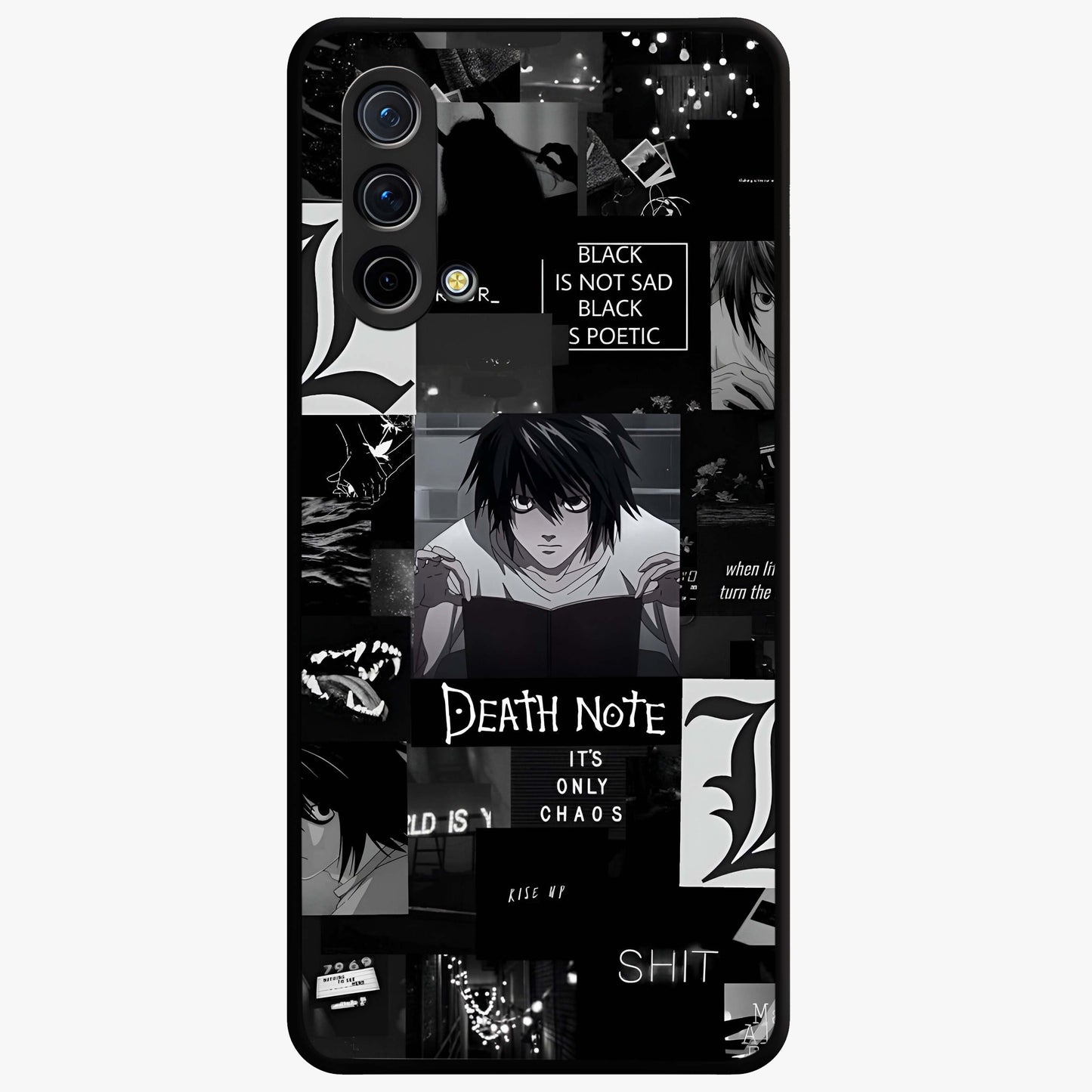 Midnight Chaos Mind Glass Case showing flat back view with abstract dark themed artwork and glossy glass finish.