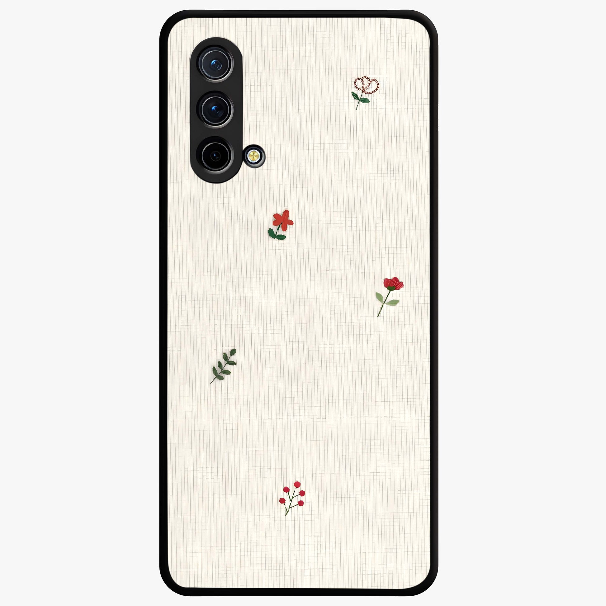 Minimal Petal Whispers Glass Case showing flat back view with soft minimal floral artwork and glossy glass finish.
