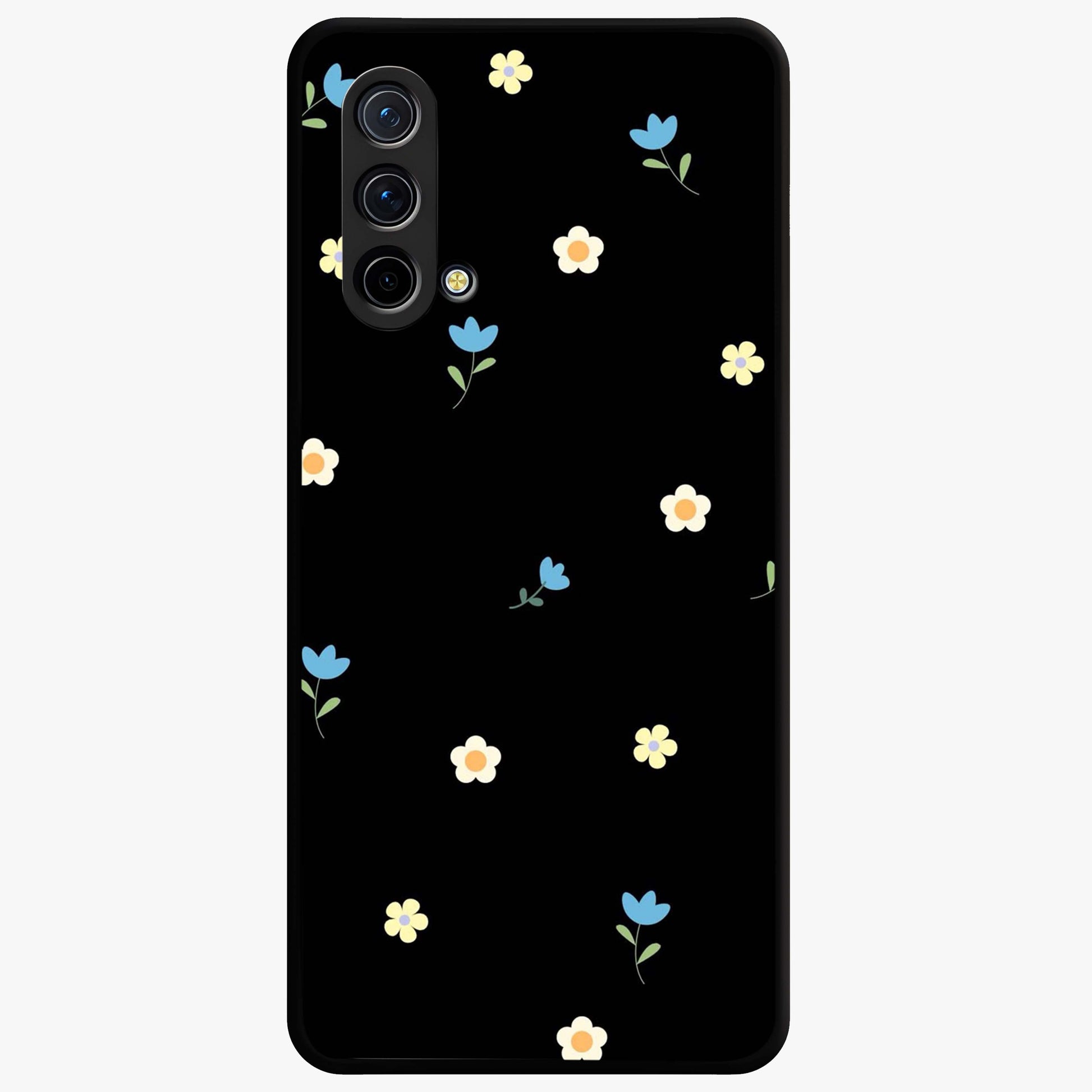 Minimalistic Blue With White Flower Pattern Glass Case showing flat back view with blue background and white flower pattern and glossy glass finish.