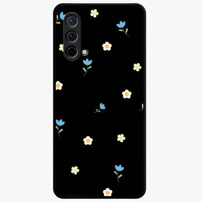 Minimalistic Blue With White Flower Pattern Glass Case showing flat back view with blue background and white flower pattern and glossy glass finish.