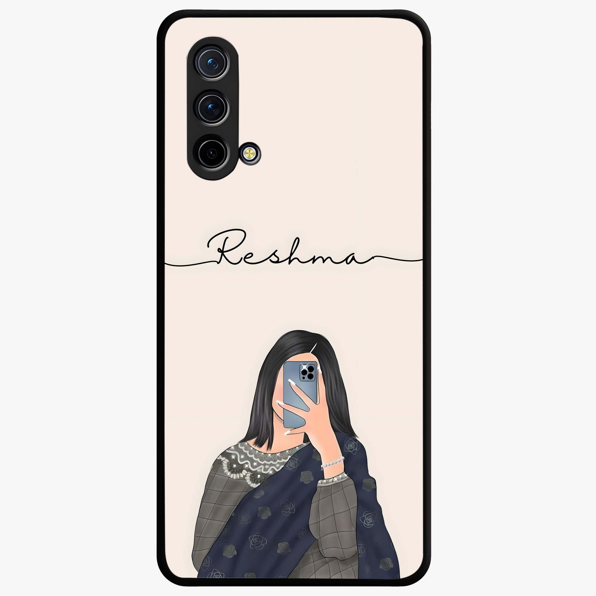 Mirror Mood Muse With Custom Name Glass Case showing flat back view with stylish mirrored artwork and personalized name design.