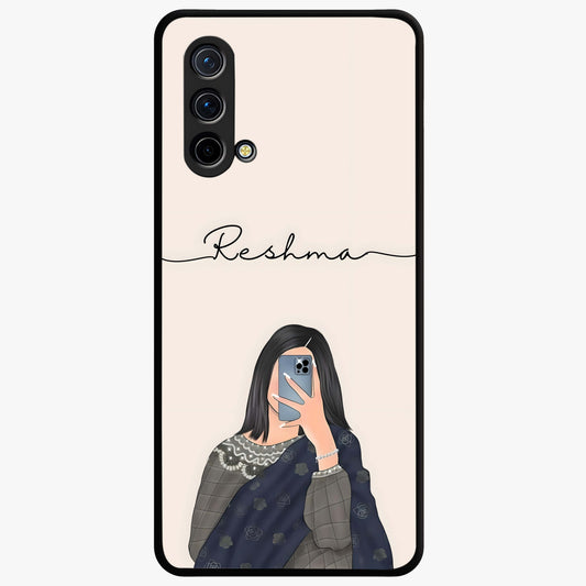 Mirror Mood Muse With Custom Name Glass Case showing flat back view with stylish mirrored artwork and personalized name design.