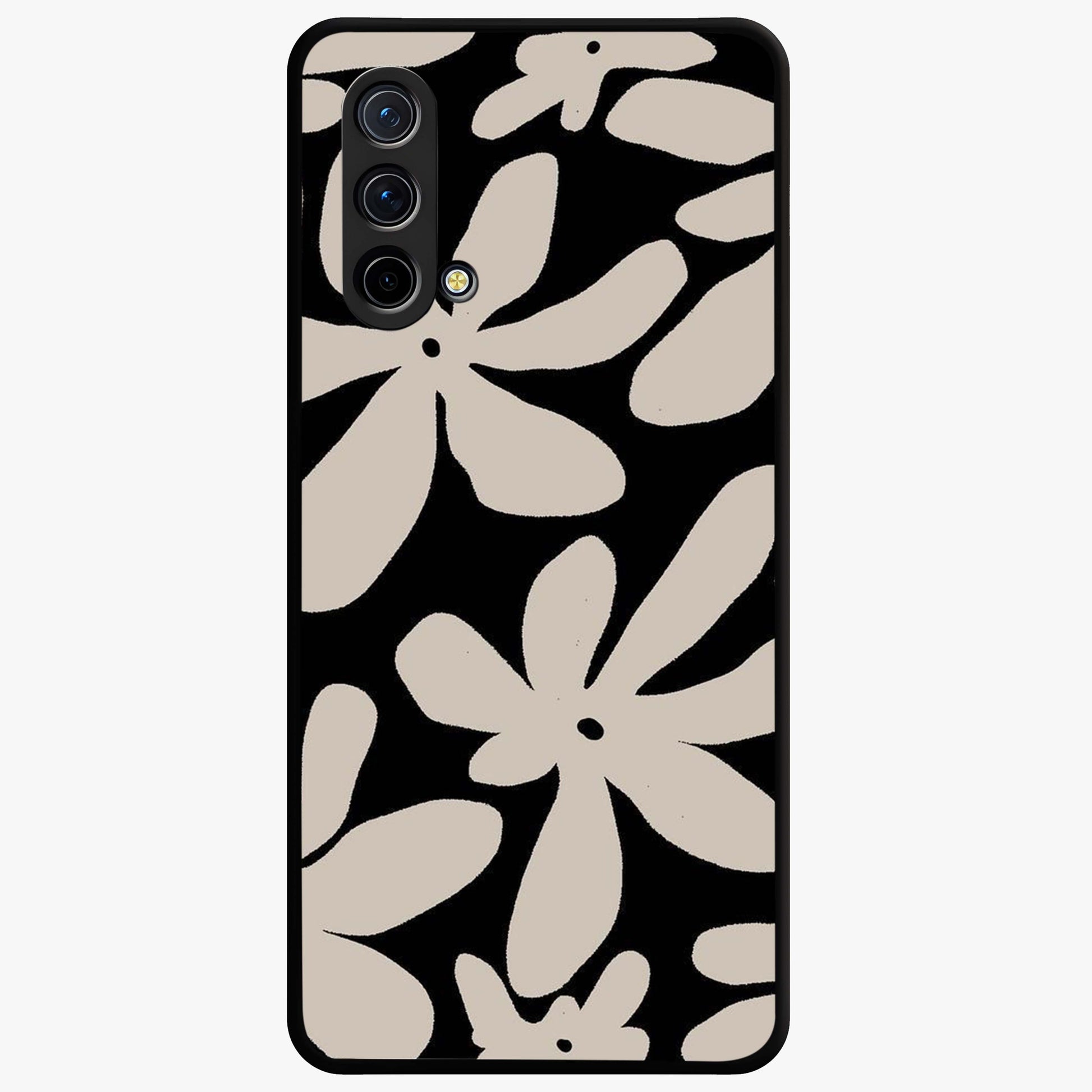 Monochrome Petal Dance Glass Case showing flat back view with monochrome floral artwork and glossy glass finish.