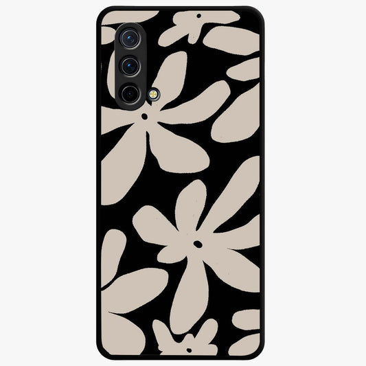 Monochrome Petal Dance Glass Case showing flat back view with monochrome floral artwork and glossy glass finish.