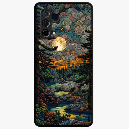 Moonlight Forest Dream Glass Case showing flat back view with mystical forest moonlight artwork and glossy glass finish.