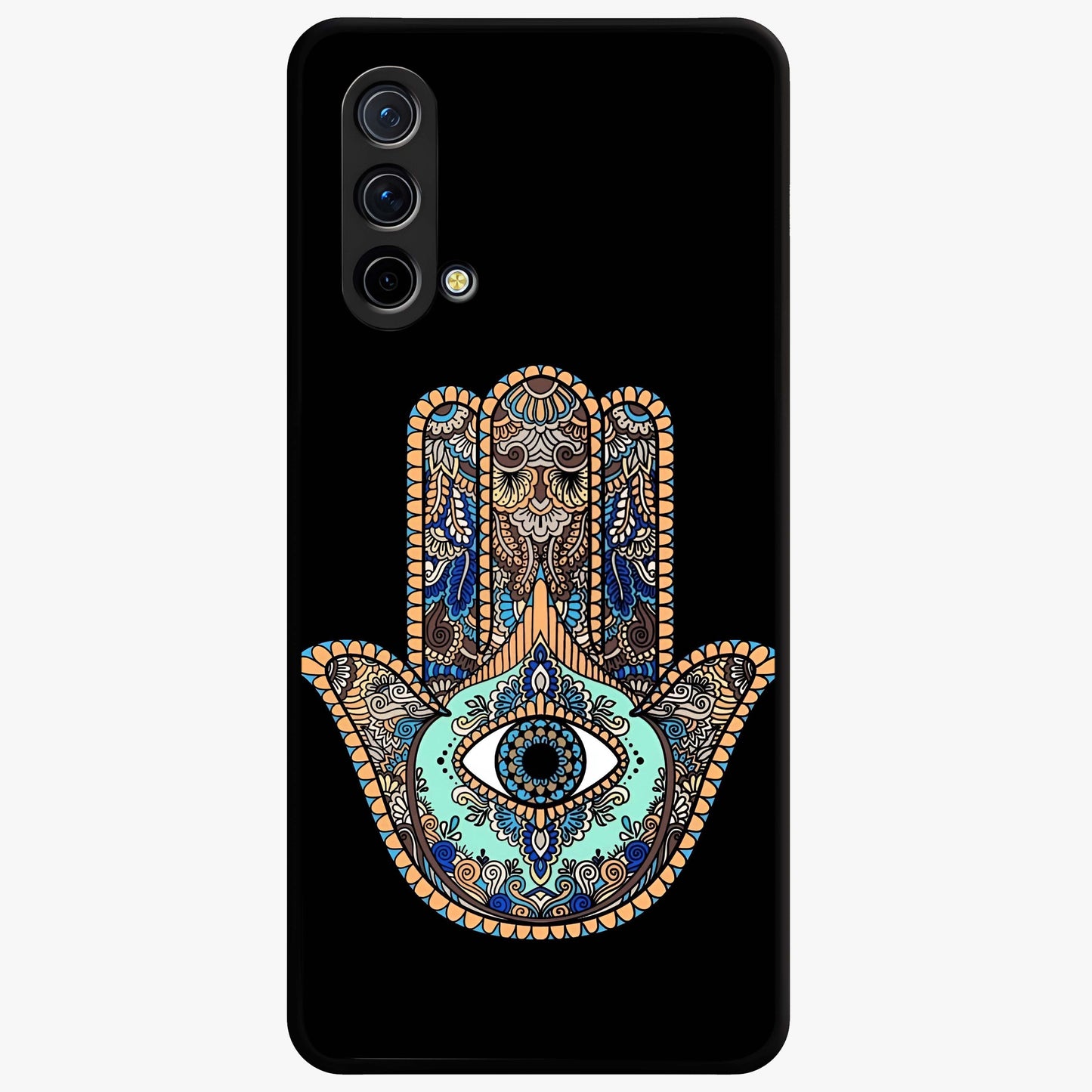 Mystic Hamsa Eye Glass Case showing flat back view with protective hamsa hand and evil eye artwork and glossy glass finish.
