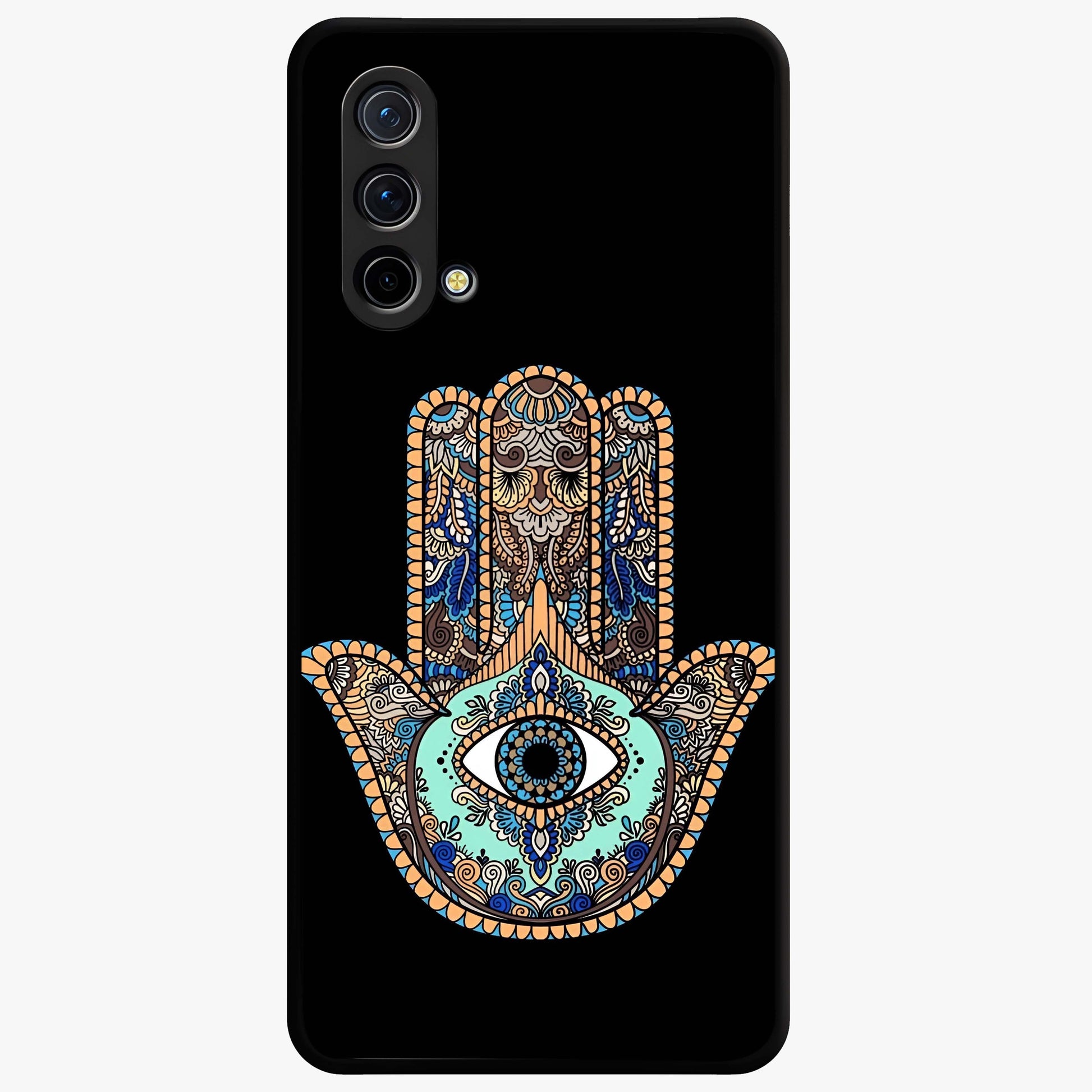 Mystic Hamsa Eye Glass Case showing flat back view with protective hamsa hand and evil eye artwork and glossy glass finish.