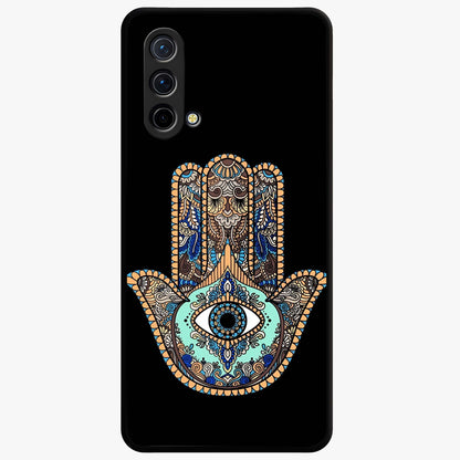 Mystic Hamsa Eye Glass Case showing flat back view with protective hamsa hand and evil eye artwork and glossy glass finish.
