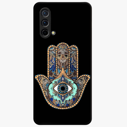 Mystic Hamsa Eye Glass Case showing flat back view with protective hamsa hand and evil eye artwork and glossy glass finish.