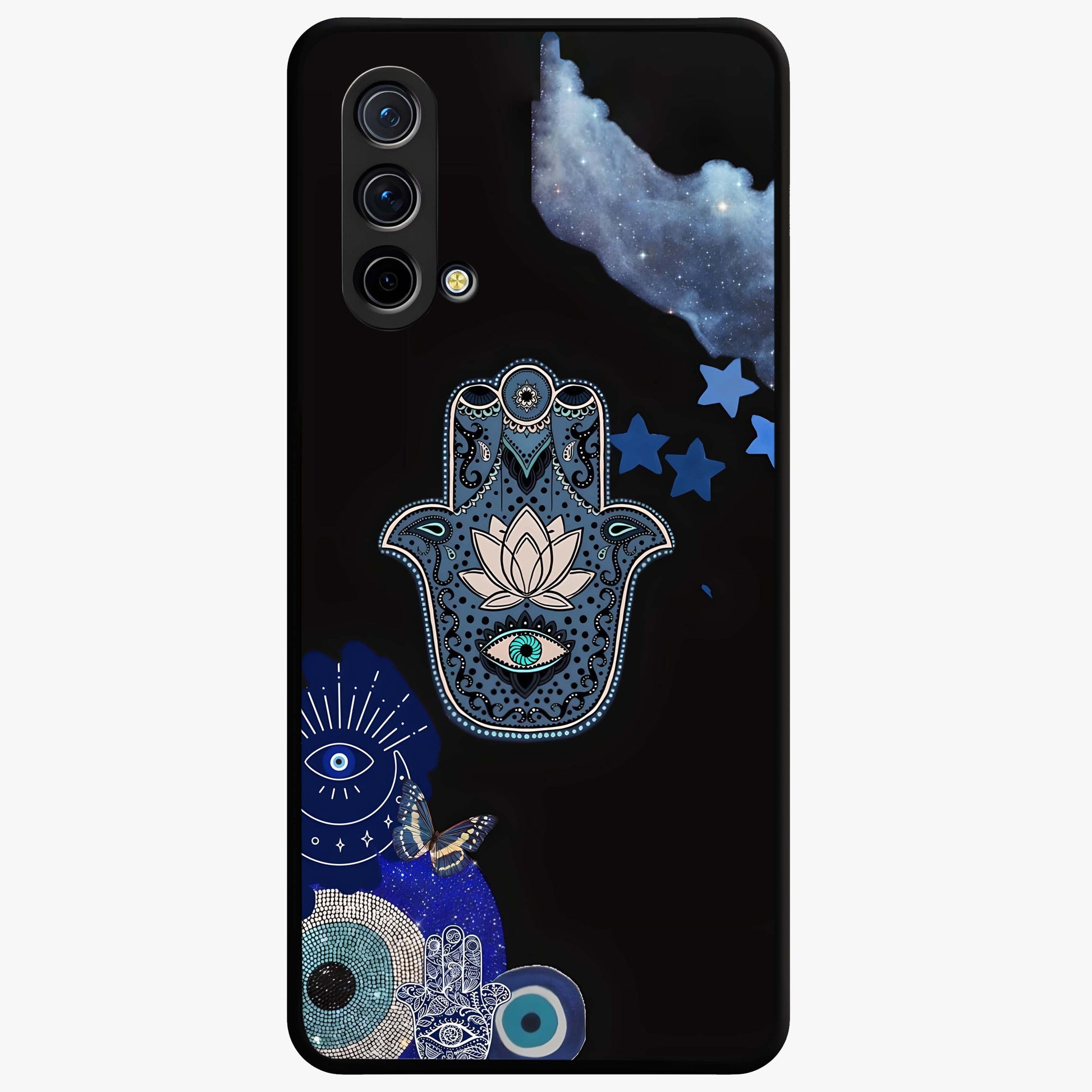 Mystic Hand Aura Glass Case showing flat back view with mystical hand symbol artwork and glossy glass finish.