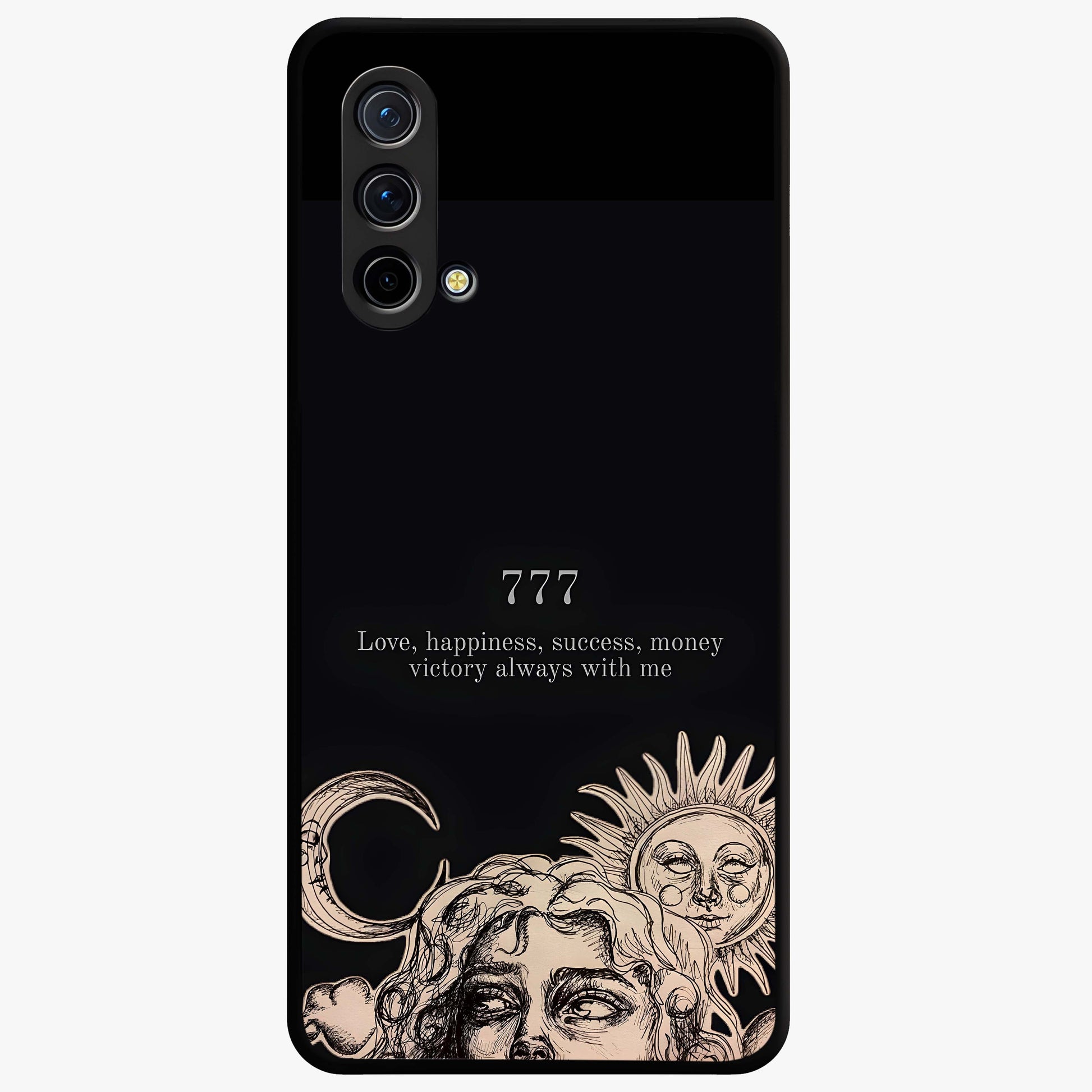 Mystic Victory Aura Glass Case showing flat back view with victory symbol artwork and glossy glass finish.