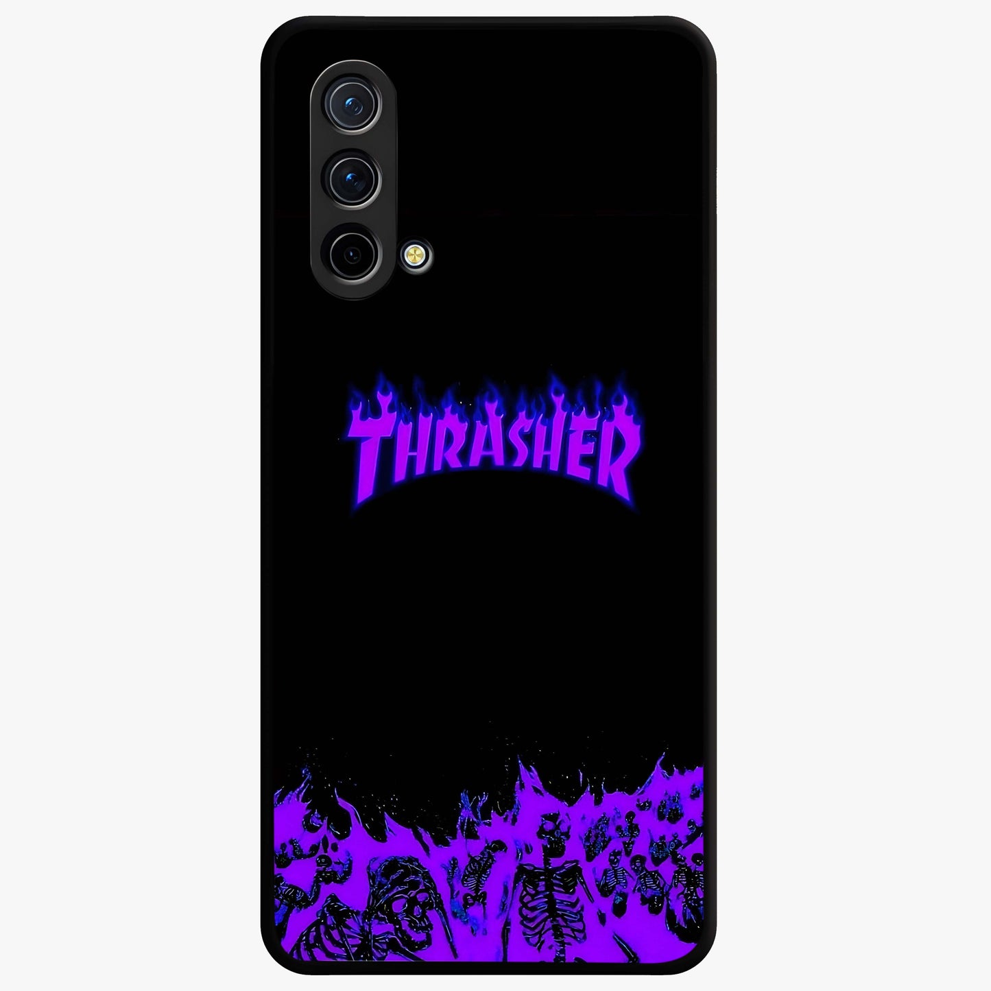 Neon Flame Riot Glass Case showing flat back view with neon flame artwork and glossy glass finish.