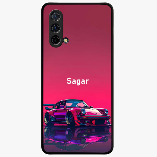 Neon Pink Porsche Glass Case showing flat back view with stylish sports car artwork and glossy glass finish.
