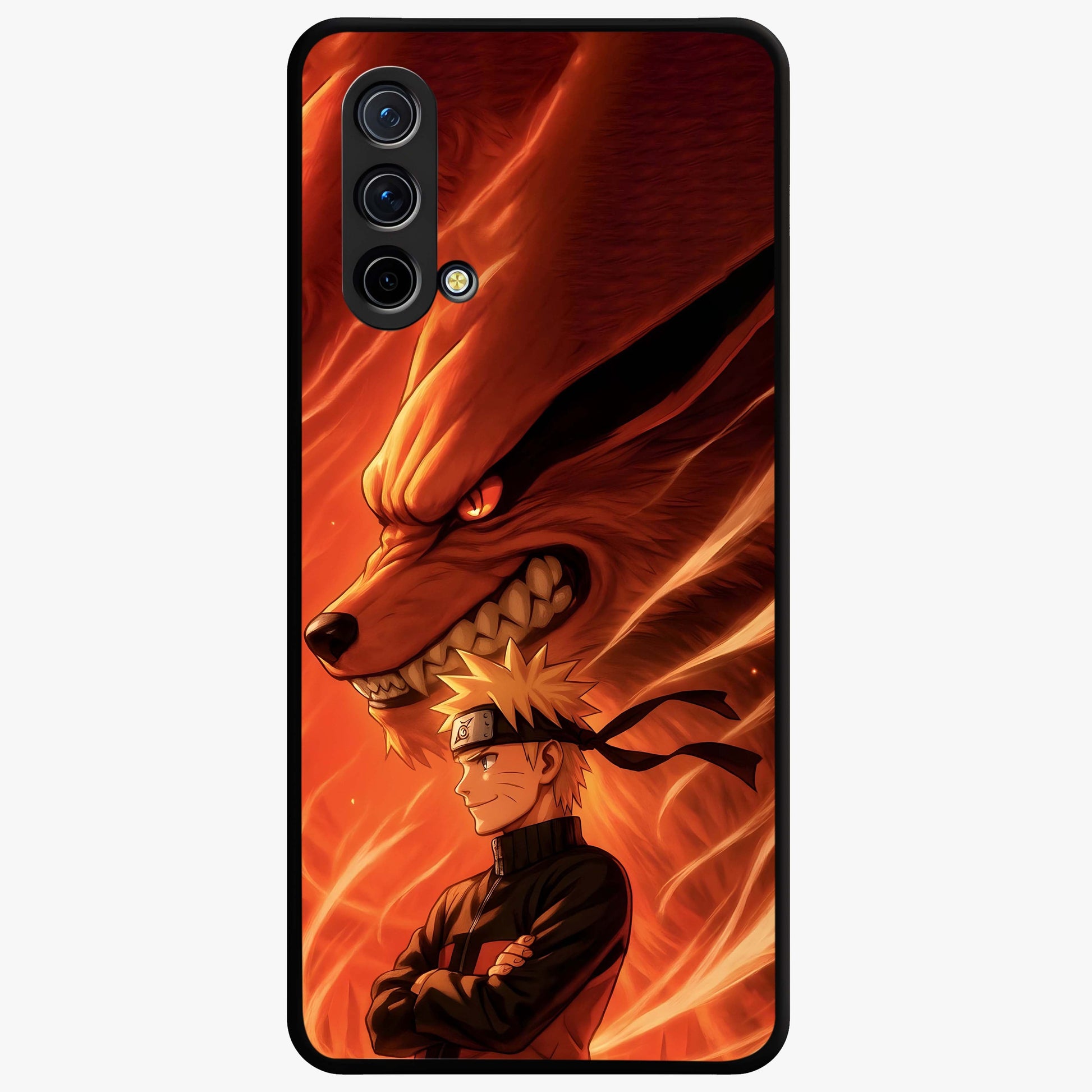 Nine Tails Legacy Glass Case showing flat back view with powerful nine-tailed fox inspired artwork and glossy glass finish.