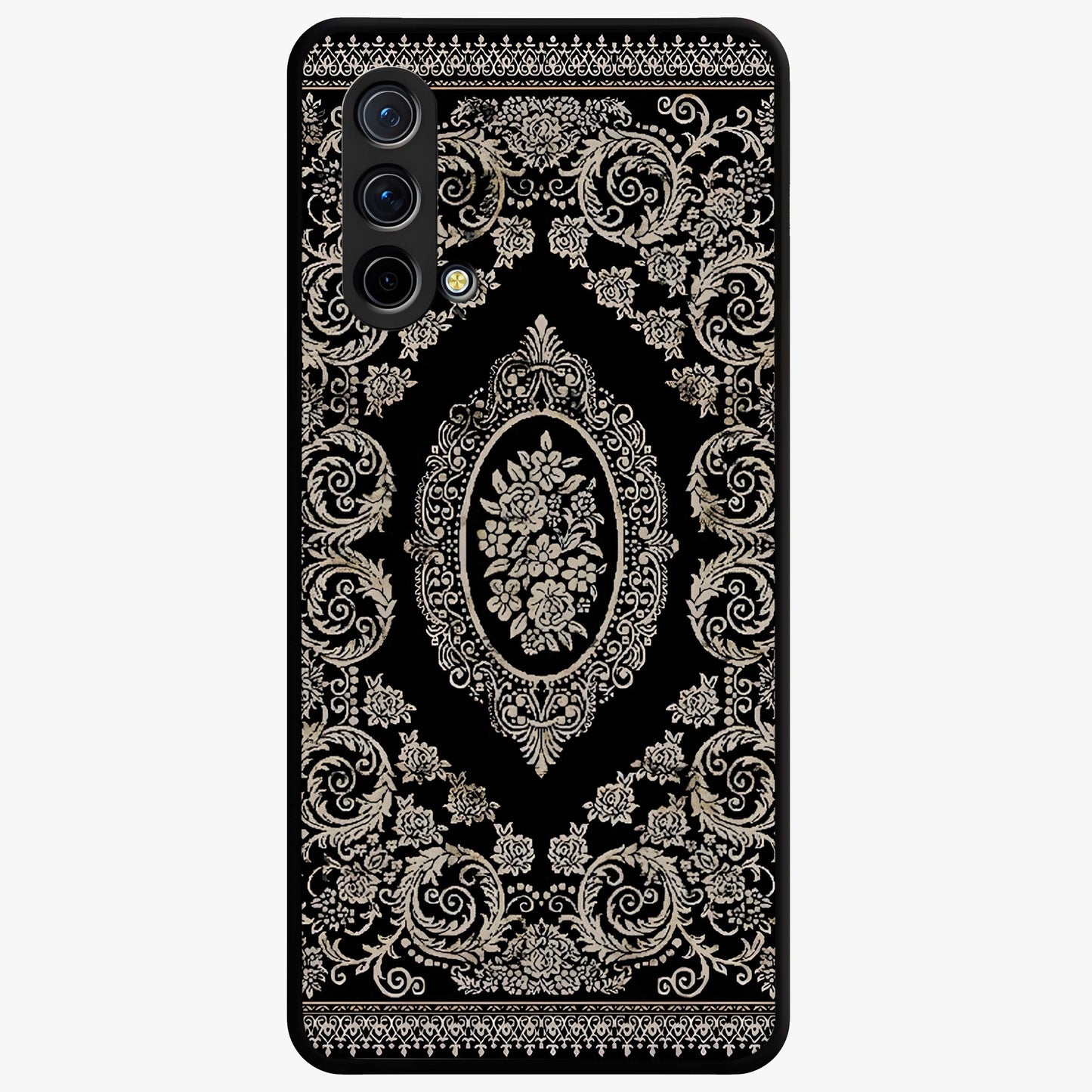 Noir Bloom Elegance Glass Case showing flat back view with elegant dark floral artwork and glossy glass finish.