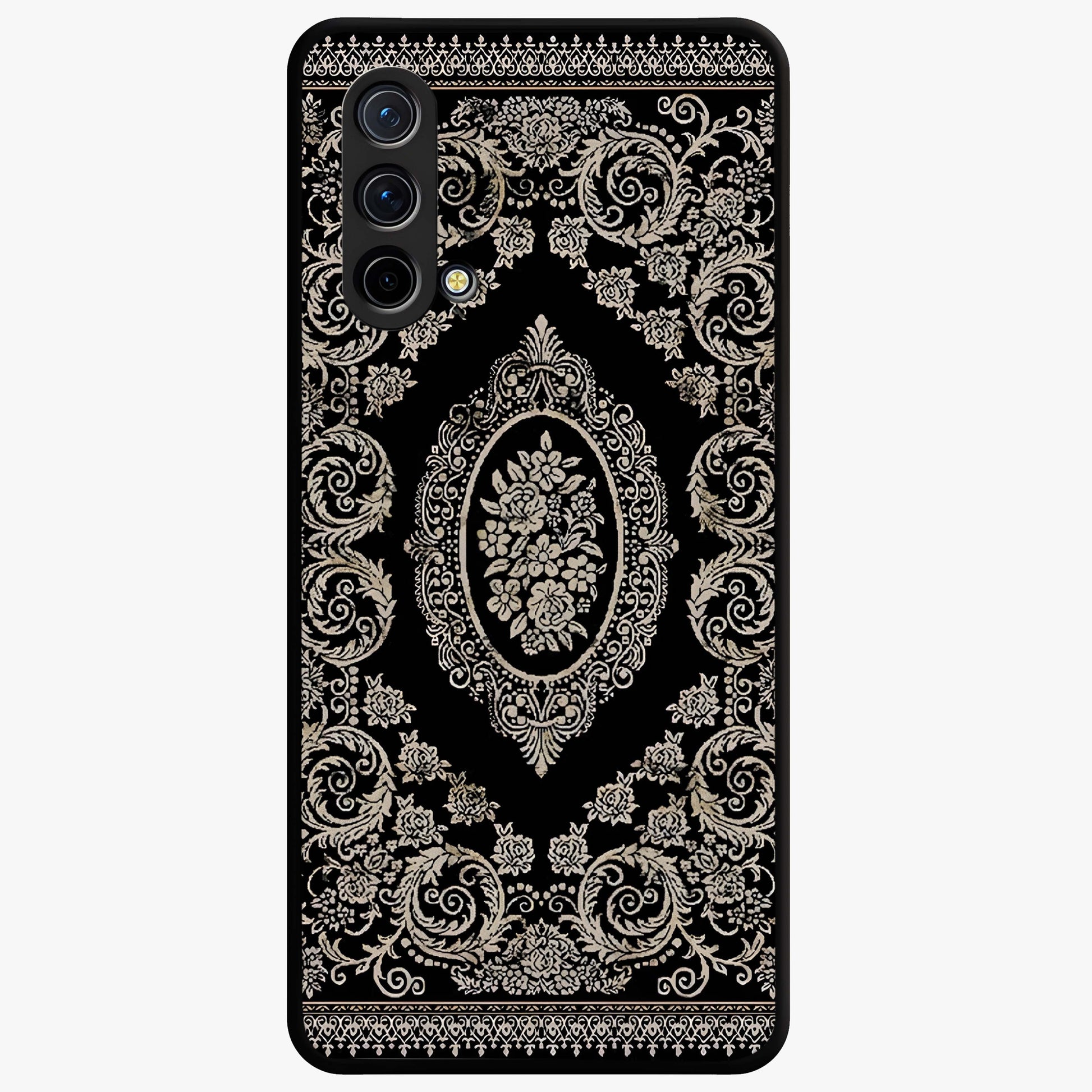 Noir Bloom Elegance Glass Case showing flat back view with elegant dark floral artwork and glossy glass finish.