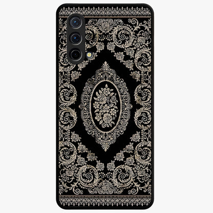 Noir Bloom Elegance Glass Case showing flat back view with elegant dark floral artwork and glossy glass finish.