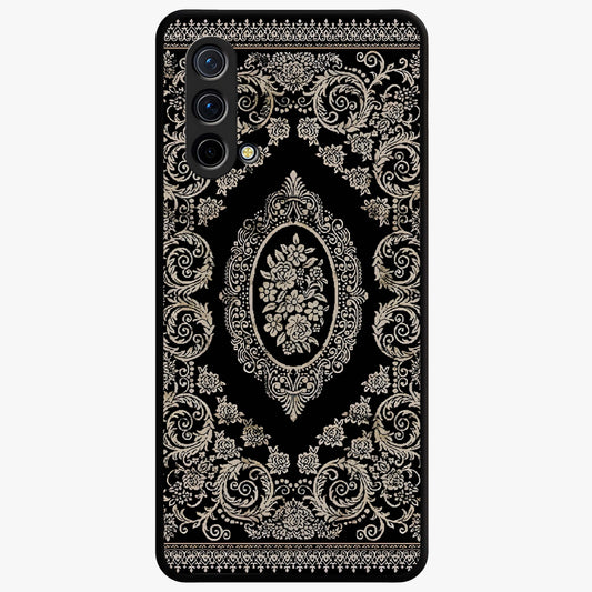 Noir Bloom Elegance Glass Case showing flat back view with elegant dark floral artwork and glossy glass finish.