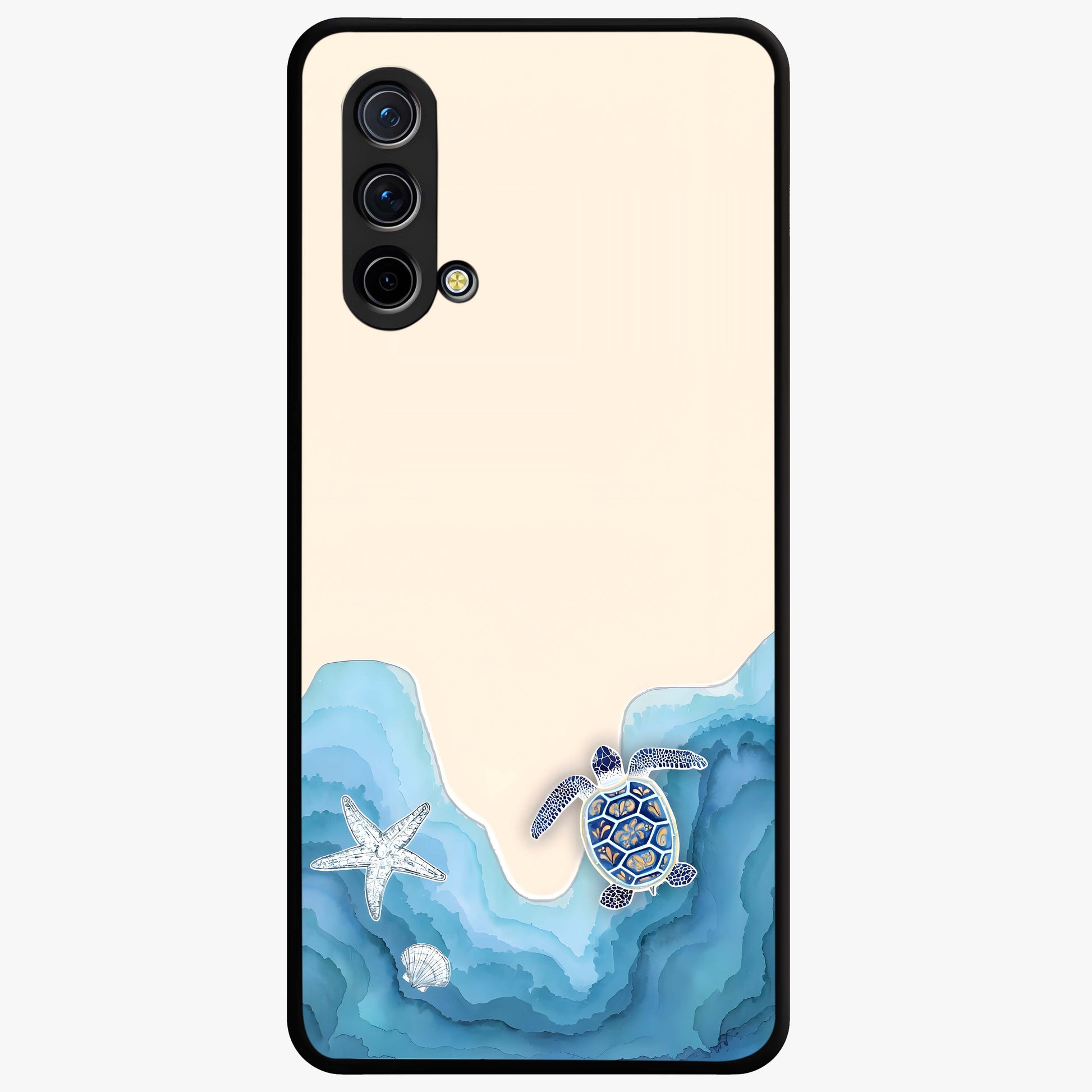Ocean Drift Turtle Glass Case showing flat back view with sea turtle artwork and glossy glass finish.