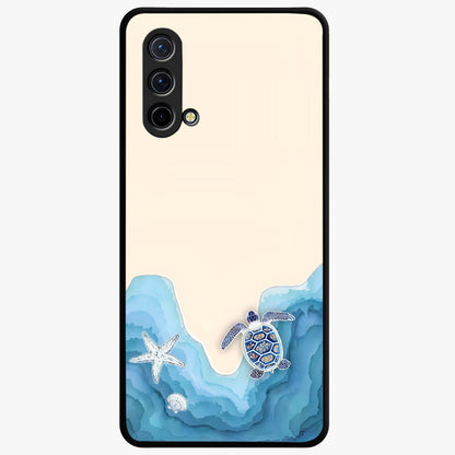 Ocean Drift Turtle Glass Case showing flat back view with sea turtle artwork and glossy glass finish.