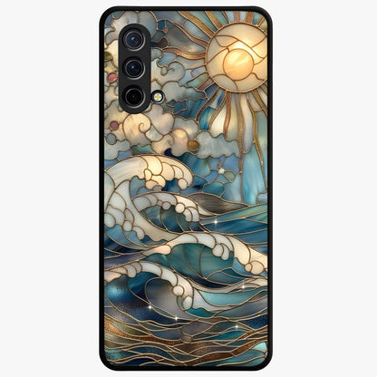 Oceanic Stained Printed Glass Case showing flat back view with ocean inspired stained pattern artwork and glossy glass finish.