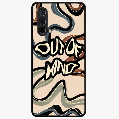 Out Of Mind Glass Case showing flat back view with expressive typography artwork and glossy glass finish.