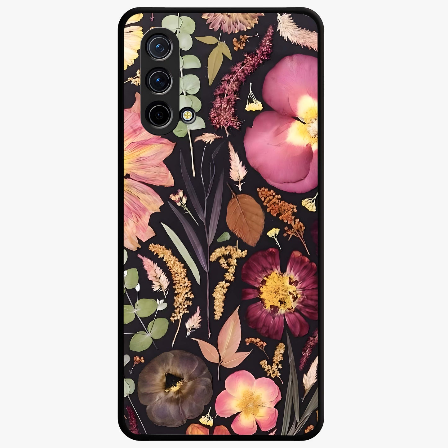 Petal Dream Tapestry Glass Case showing flat back view with intricate floral tapestry artwork and glossy glass finish.