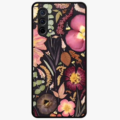 Petal Dream Tapestry Glass Case showing flat back view with intricate floral tapestry artwork and glossy glass finish.