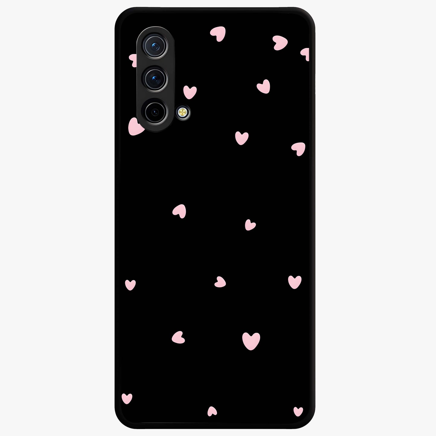 Pink Love Drops Glass Case showing flat back view with playful pink heart drops artwork and glossy glass finish.