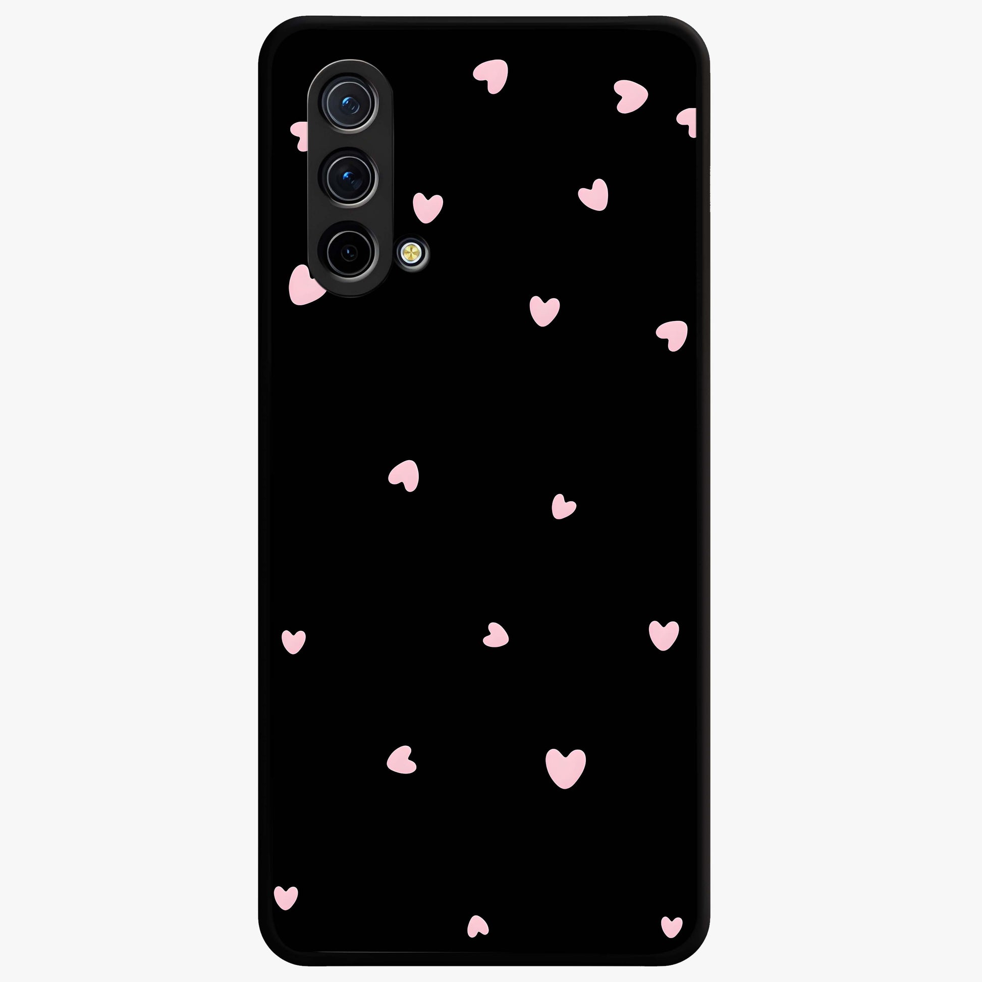 Pink Love Drops Glass Case showing flat back view with playful pink heart drops artwork and glossy glass finish.