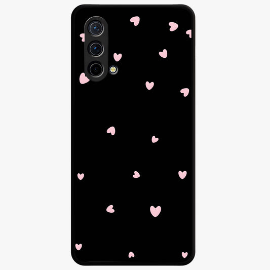 Pink Love Drops Glass Case showing flat back view with playful pink heart drops artwork and glossy glass finish.