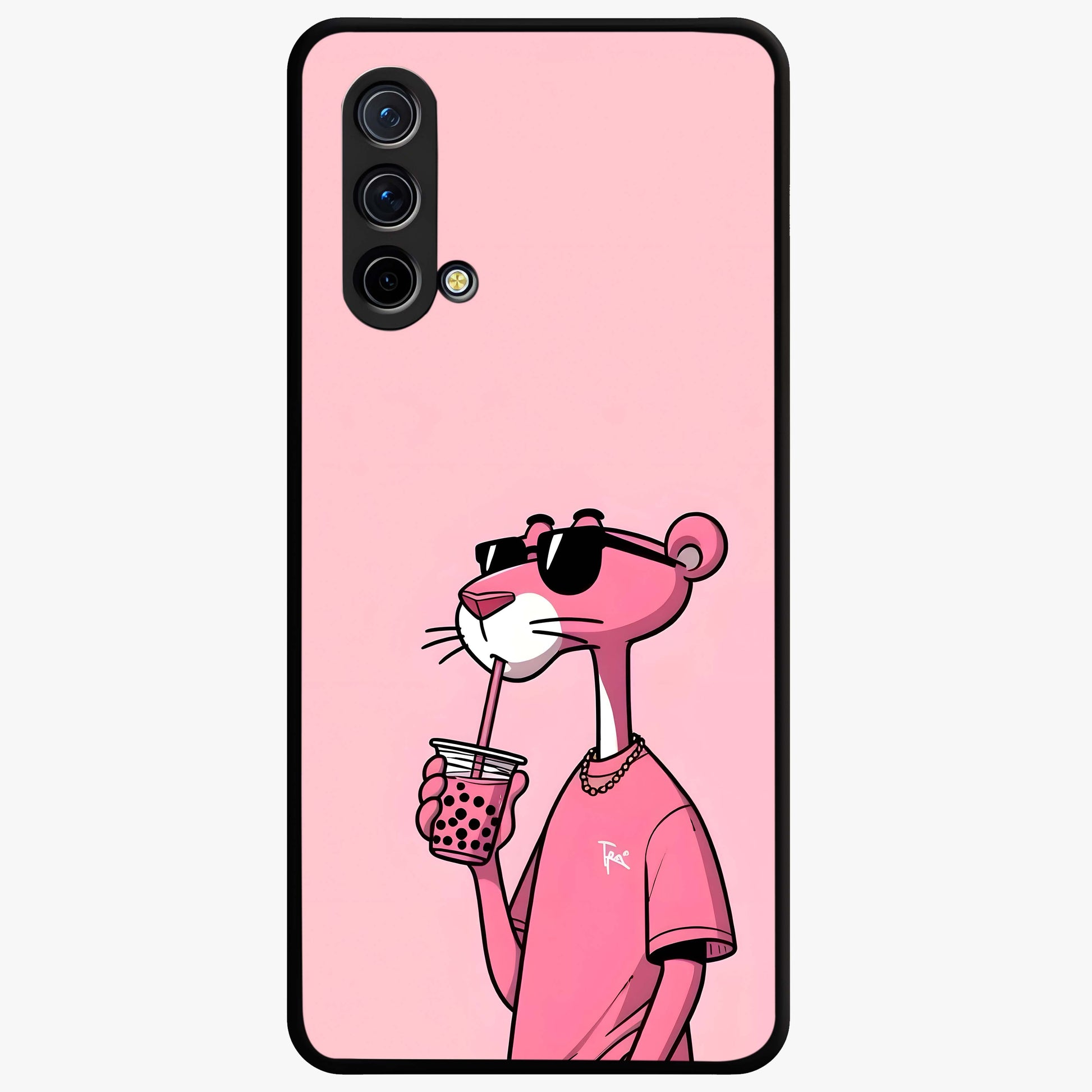 Pink Panther Glass Case showing flat back view with iconic pink panther artwork and glossy glass finish.