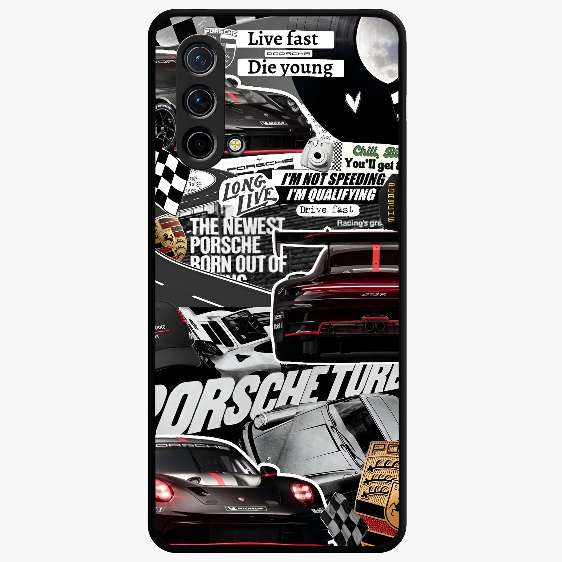 Porsche Racing Collage Glass Case showing flat back view with sports car racing collage artwork and glossy glass finish.