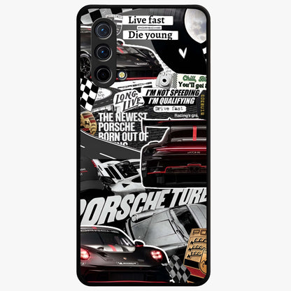 Porsche Racing Collage Glass Case showing flat back view with sports car racing collage artwork and glossy glass finish.