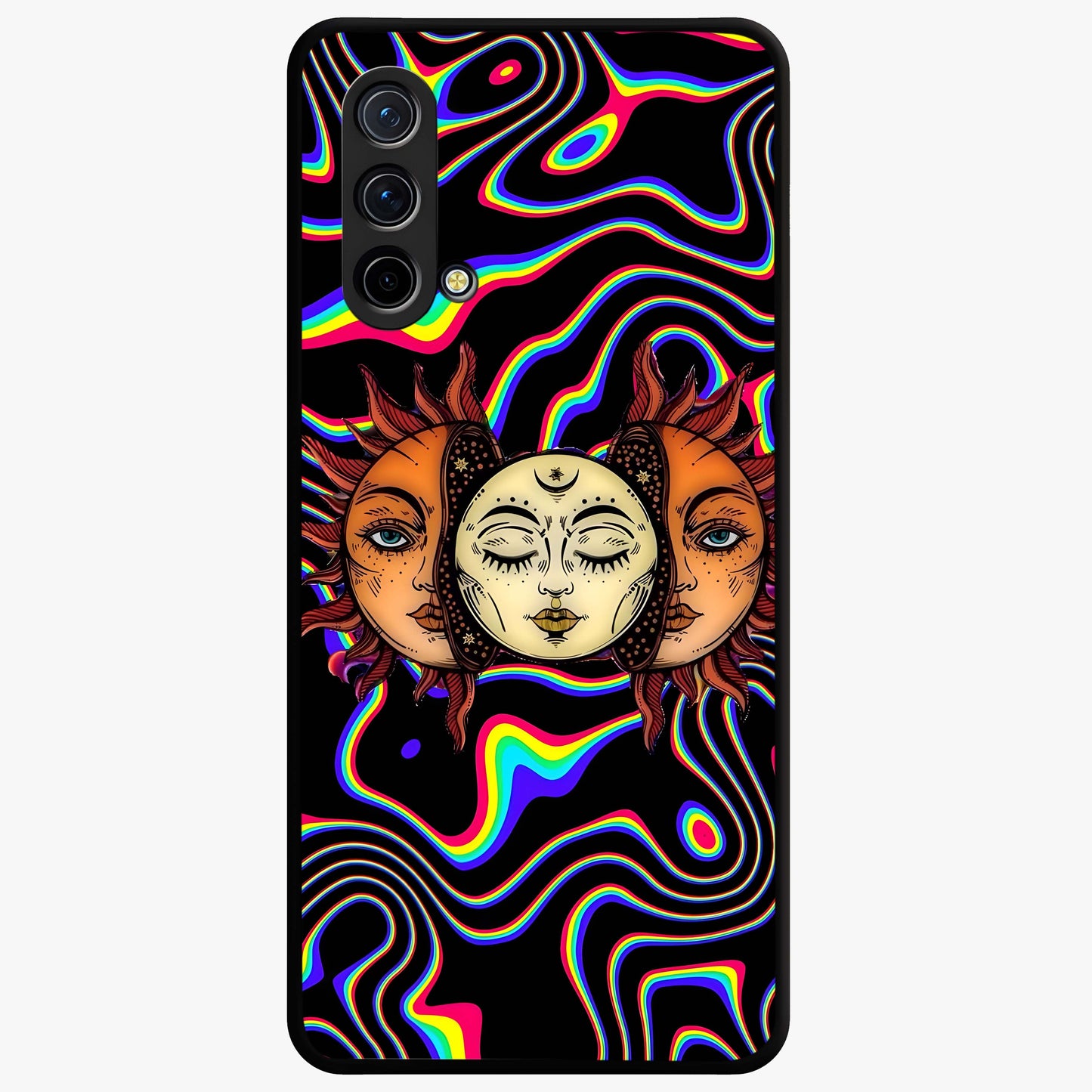 Psychedelic Sun Glass Case showing flat back view with colorful psychedelic sun artwork and glossy glass finish.