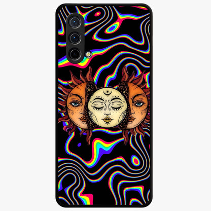 Psychedelic Sun Glass Case showing flat back view with colorful psychedelic sun artwork and glossy glass finish.