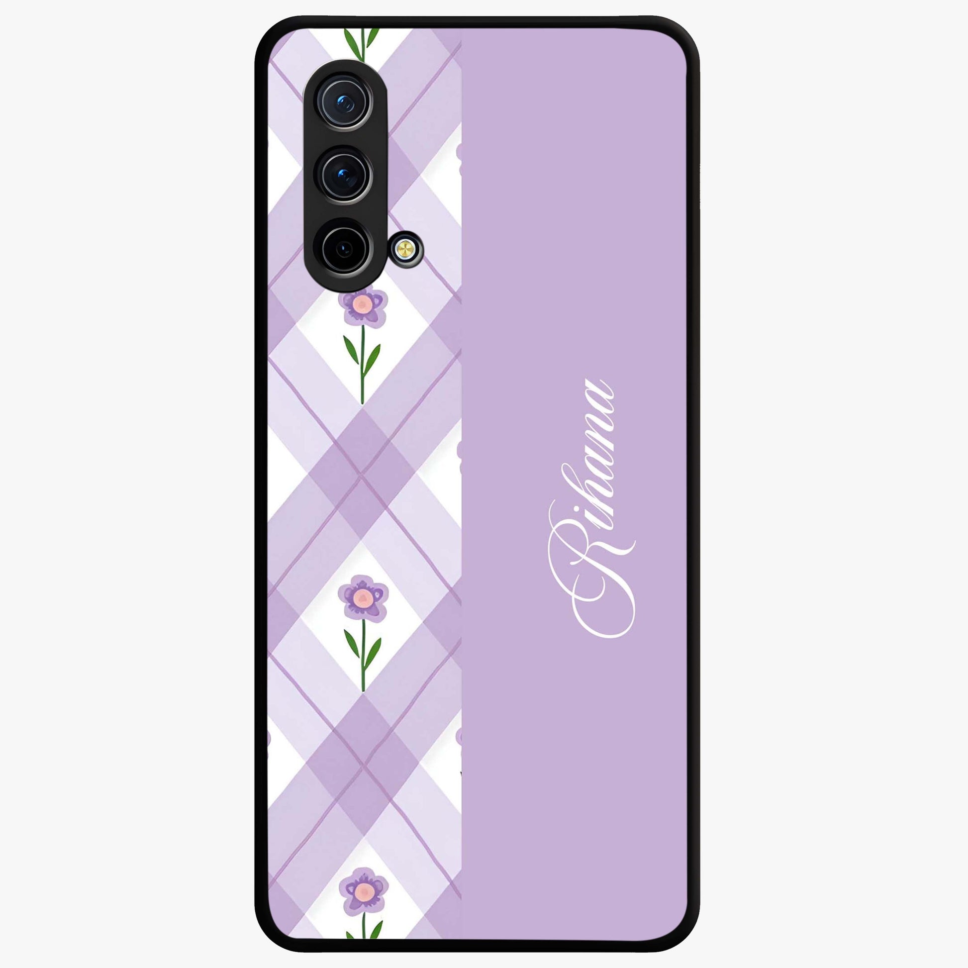 Purple Diamond Floral Glass Case showing flat back view with diamond shaped floral artwork and glossy glass finish.