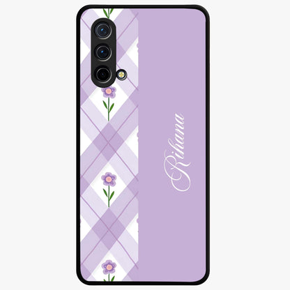 Purple Diamond Floral Glass Case showing flat back view with diamond shaped floral artwork and glossy glass finish.