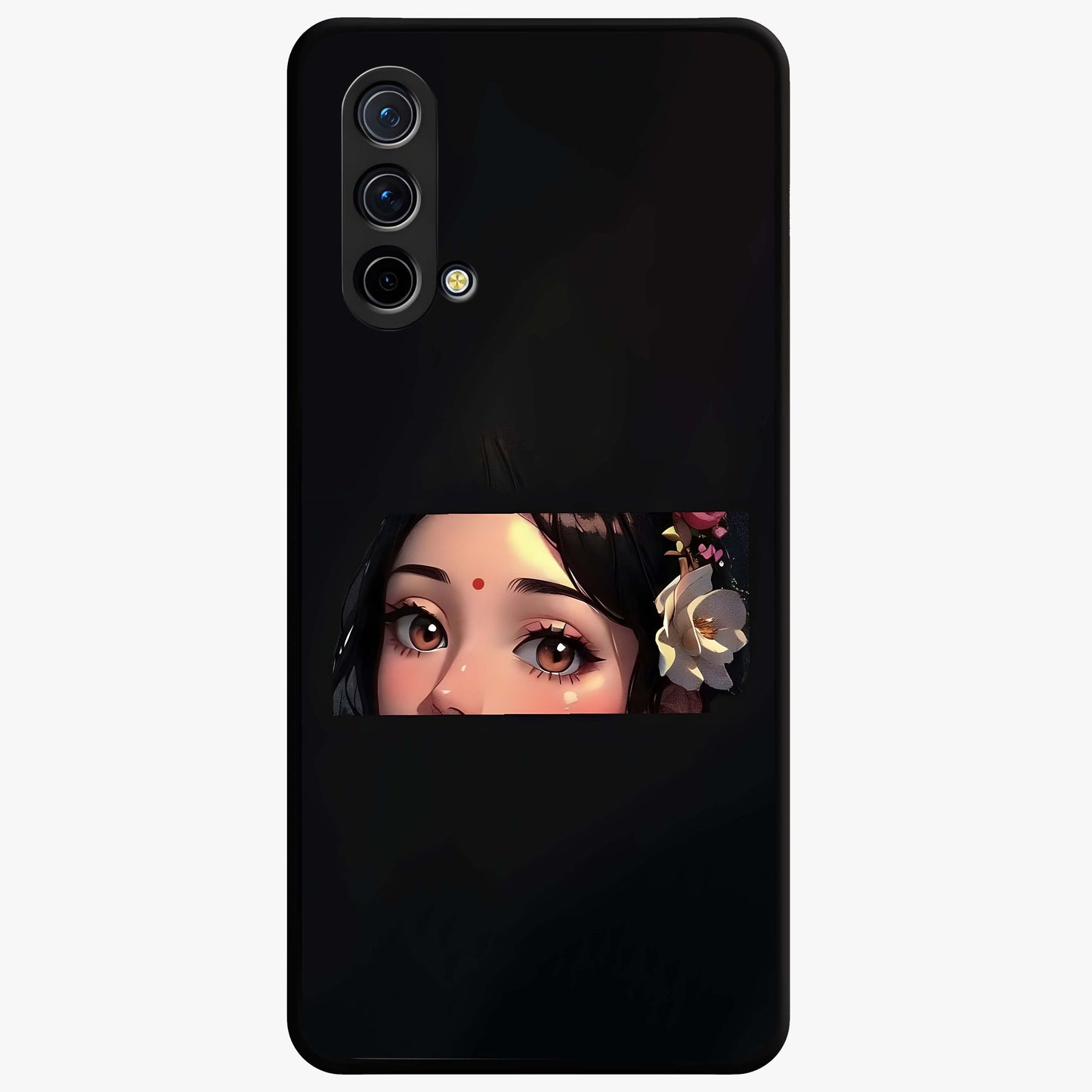Radha Divine Embrace Glass Case showing flat back view with devotional Radha artwork and glossy glass finish.