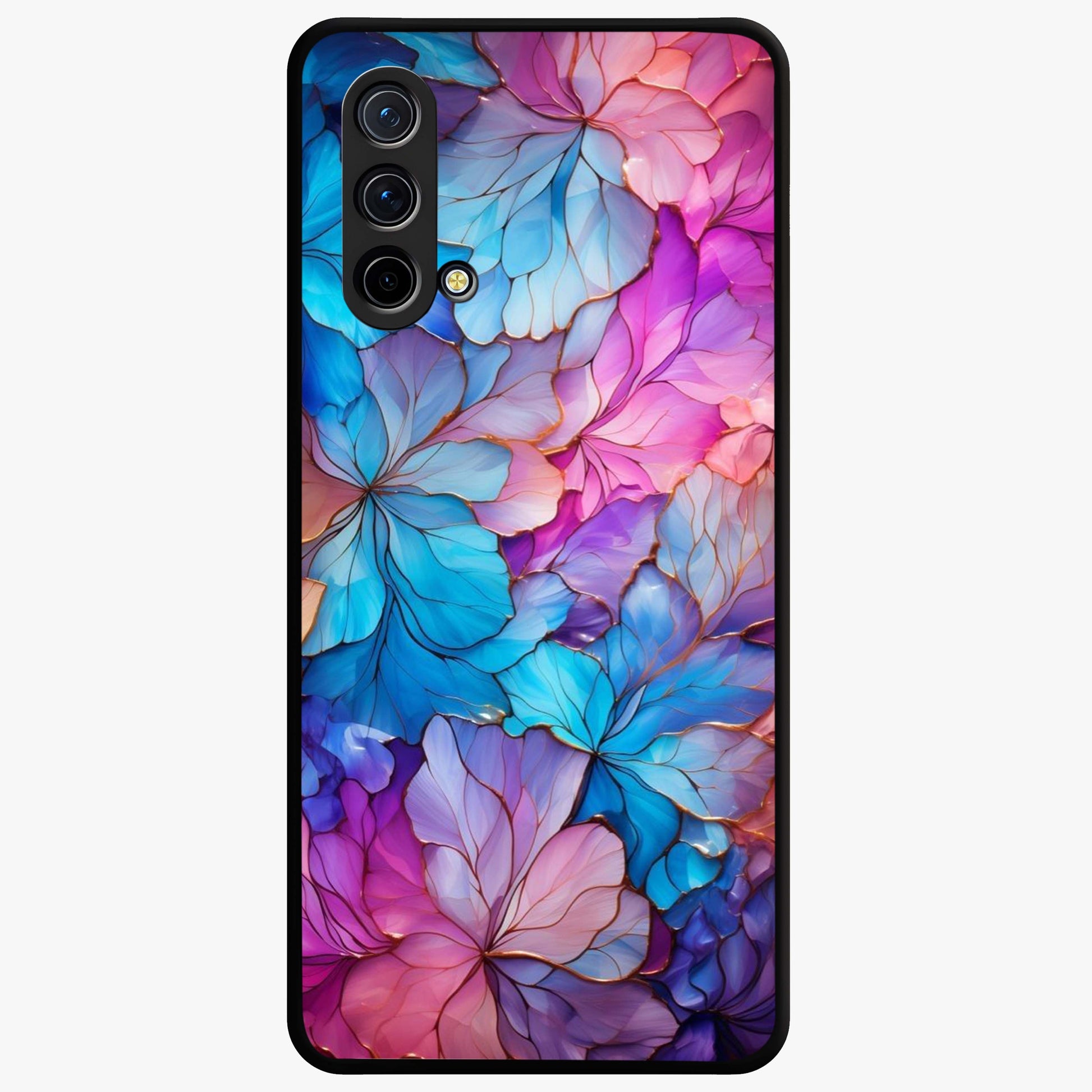 Radiant Floral Whirl Glass Case showing flat back view with swirling floral artwork and glossy glass finish.