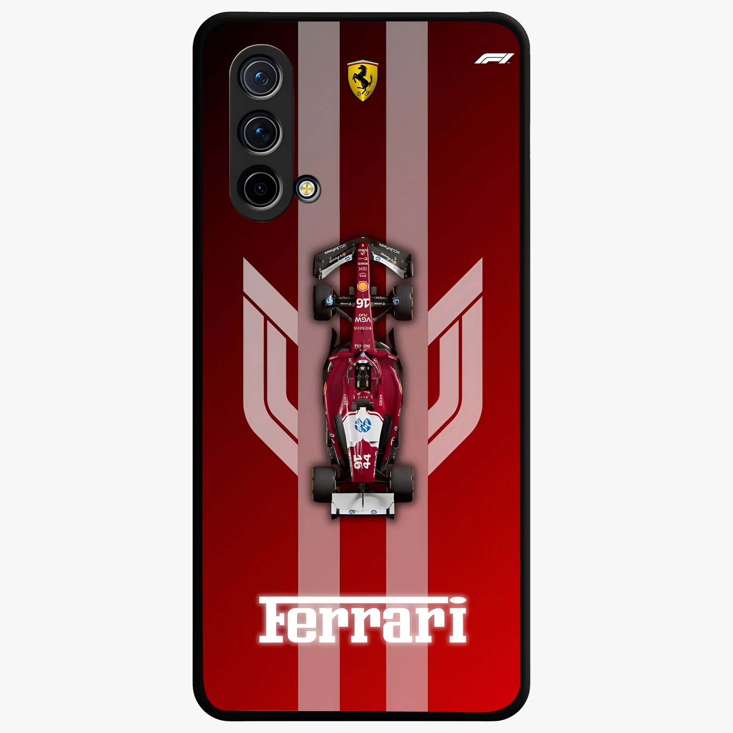 Red Ferrari F1 Vertical Glass Case showing flat back view with sleek Formula racing car artwork and glossy glass finish.